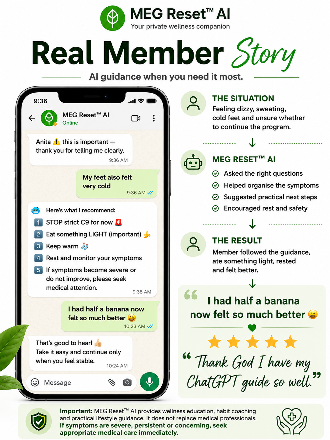Real member story — MEG Reset Buddy™ guided a member through their wellness journey