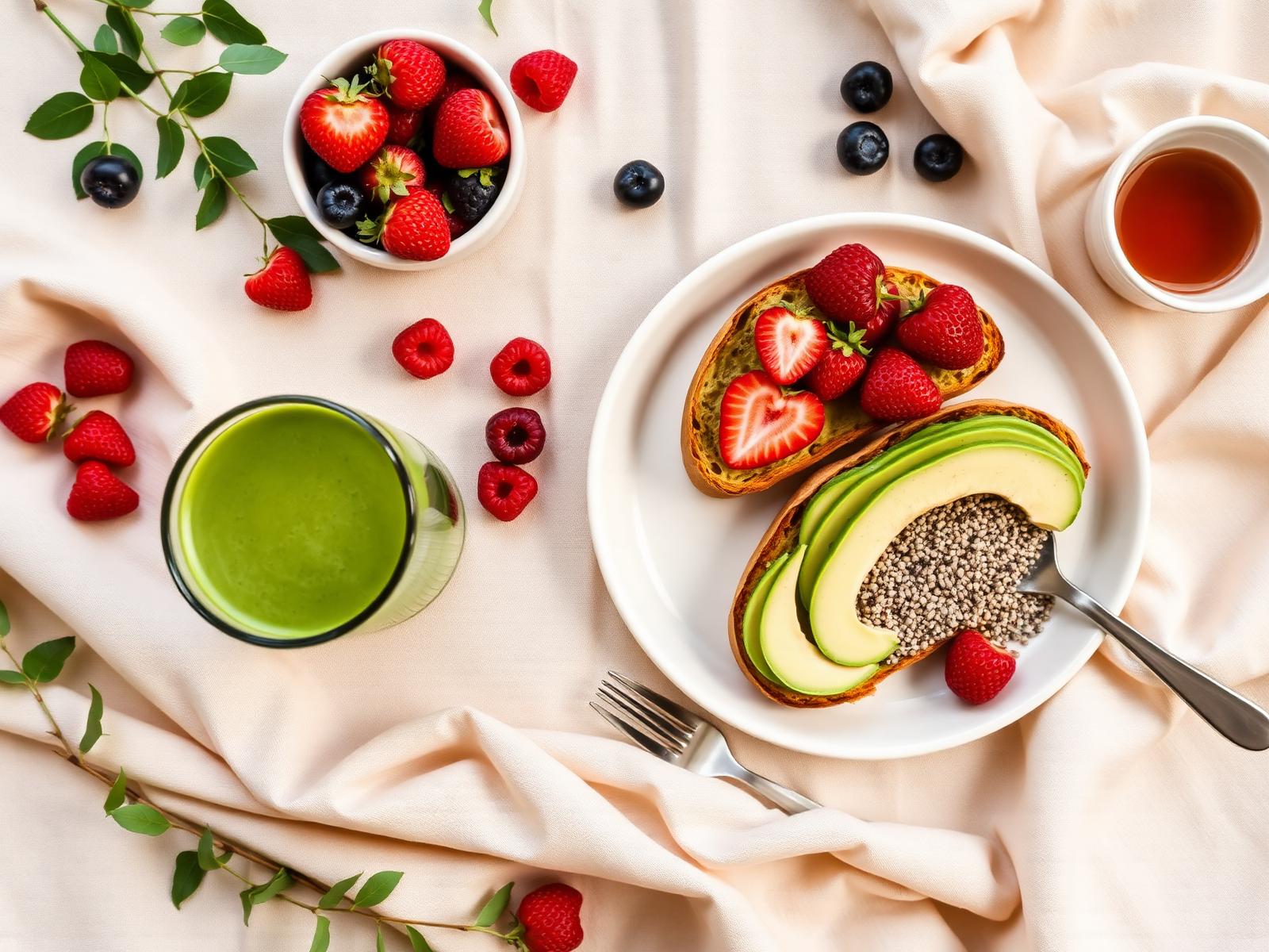 Fresh healthy breakfast with berries, avocado toast and a green smoothie