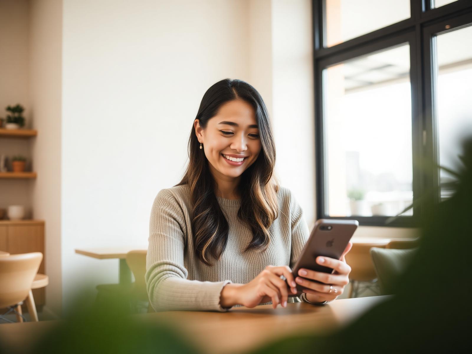 Wellness coach smiling while messaging a client